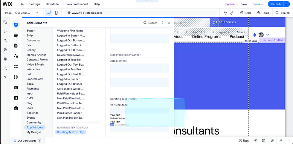 adding the widget for rotating text elements on wix