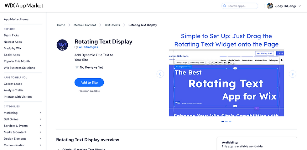installing rotating test display on a wix website from the wix app market
