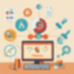A computer with a keyboard on a desk, connected to various colorful icons depicting analytical tools and graphs, against a beige background.