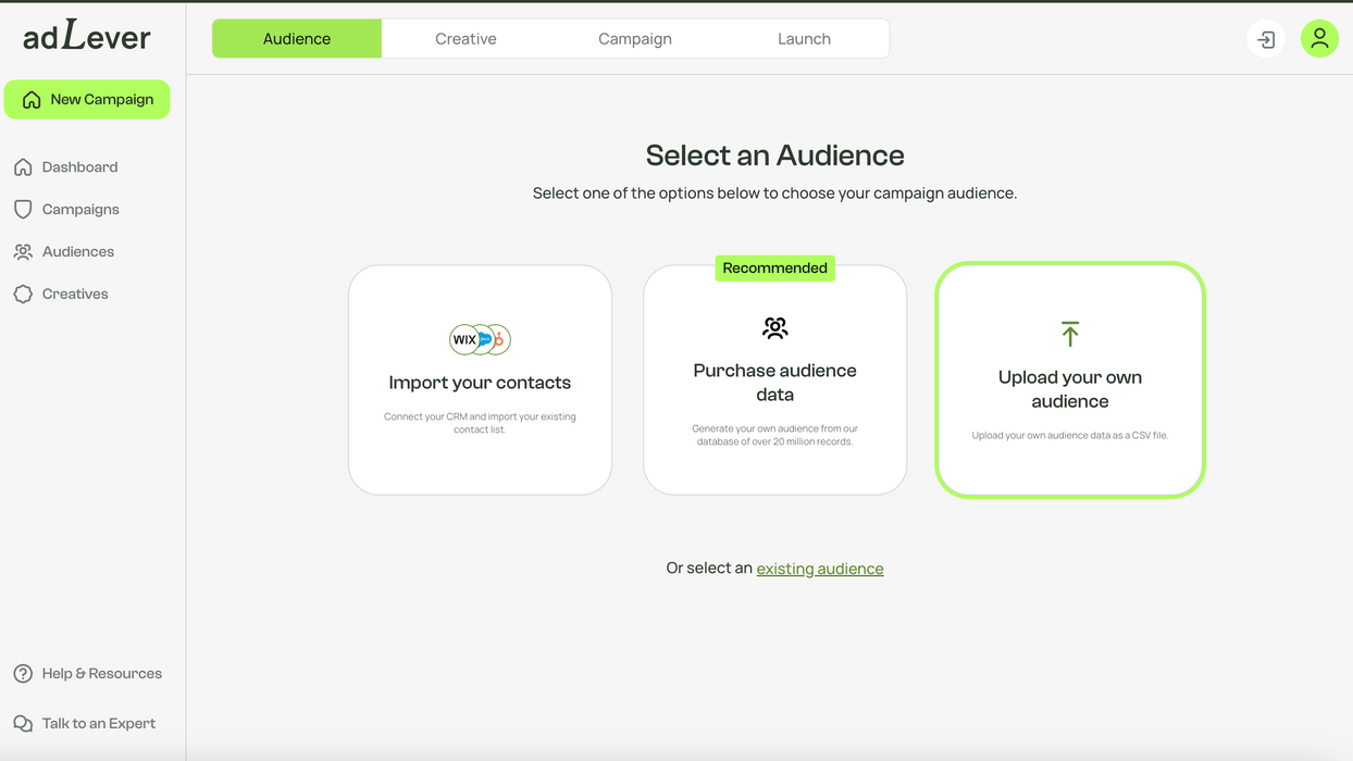 AdLever screenshot showing how to upload an audience