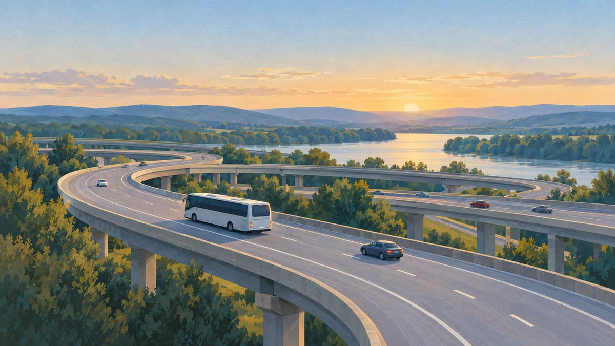 Illustration of a highway interchange at dawn with a commuter bus and cars above a wide river.
