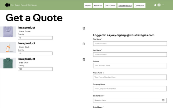 wix quote request for products in the cart