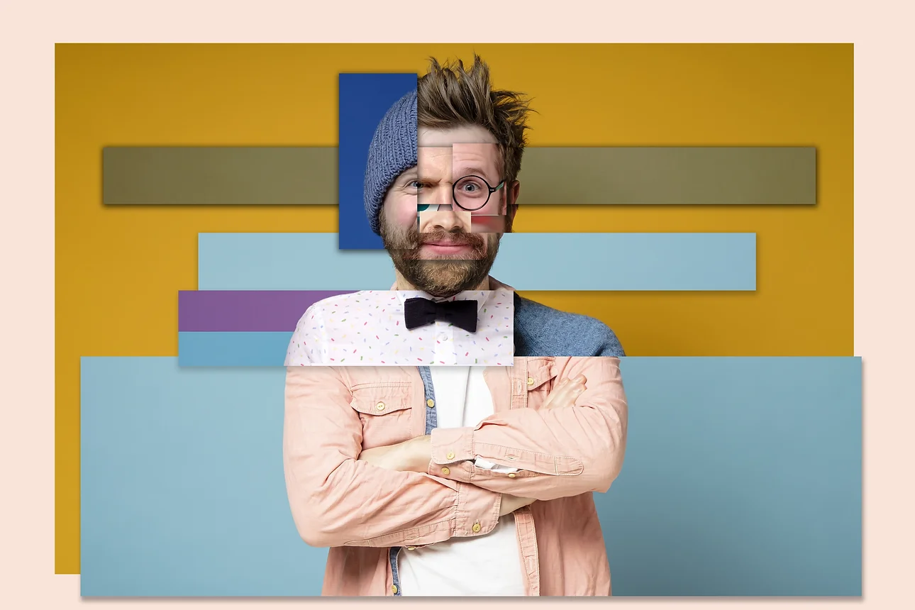 Collage of several photos combined into one_ Man with a split personality_ Copy space_ _jp