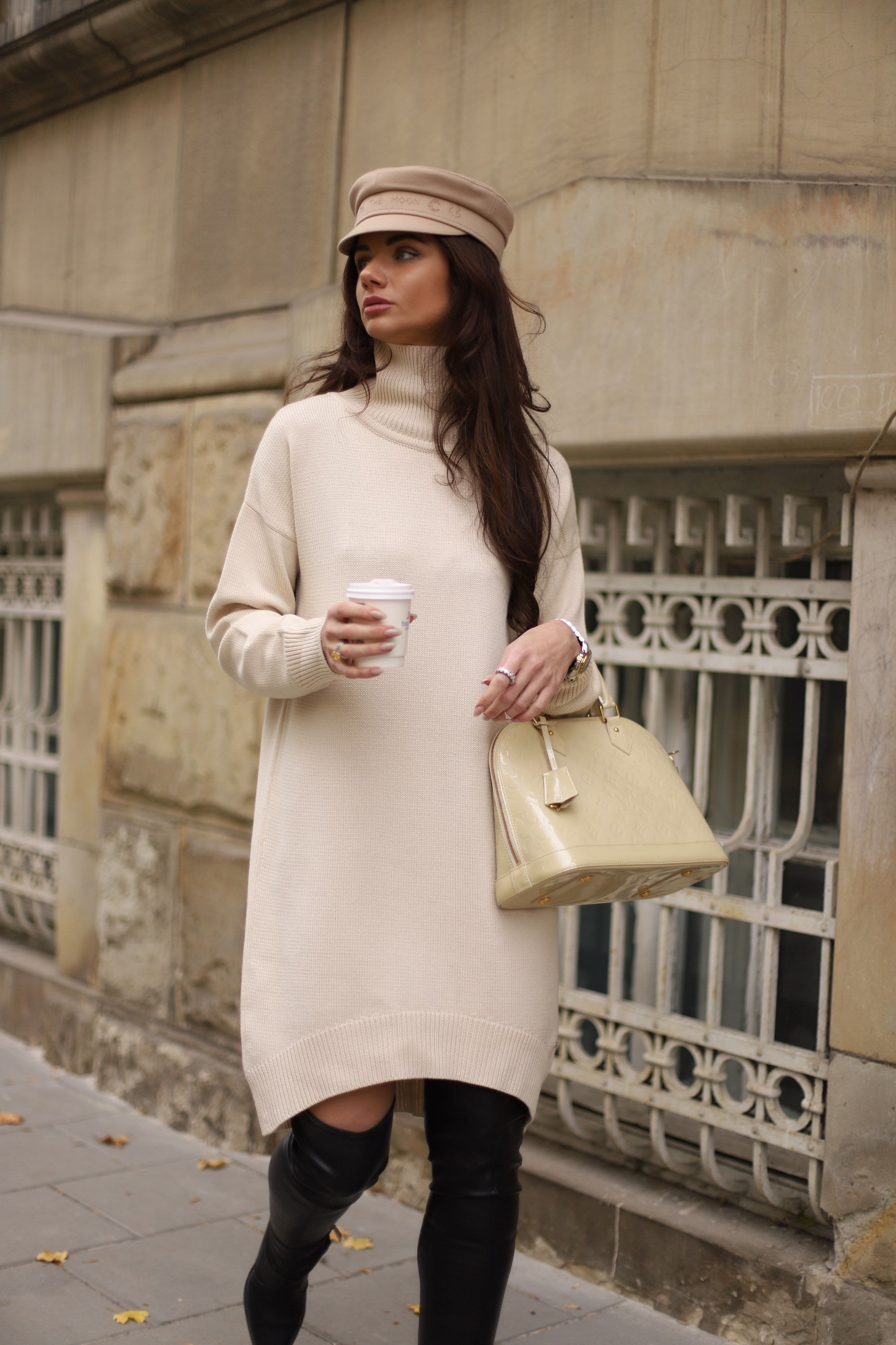 Oversize dress with a high neck