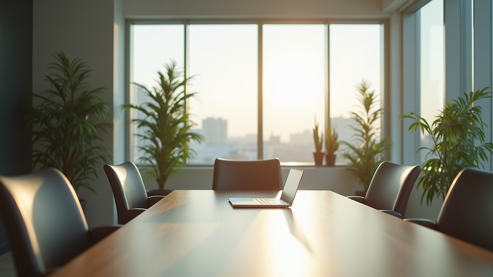 Eye-level view of a modern office meeting room with plants and natural light