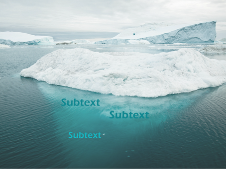 Iceberg floats in calm, icy waters. The word "Subtext" is visible underwater, amid serene blues and whites. Overcast sky.