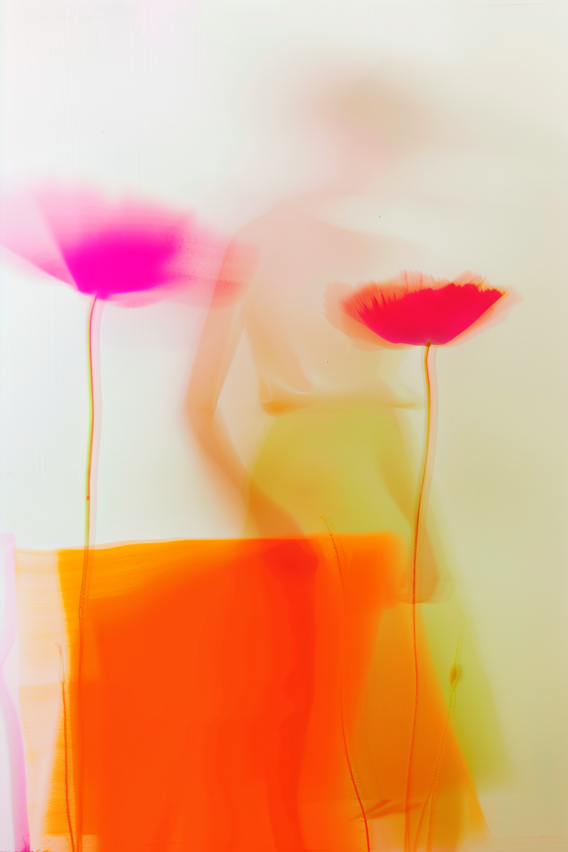 Dreamy colorful abstract art orange flowers and woman