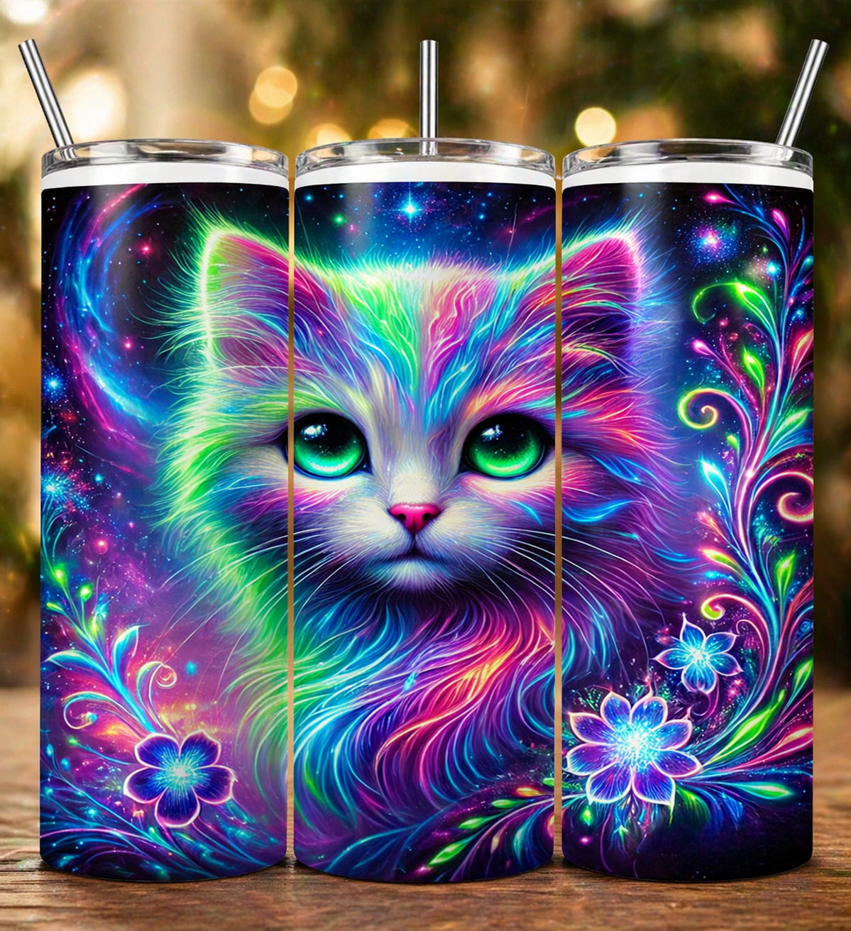 Neon Galaxy Kitty 20 oz Skinny Tumbler – Cosmic Glow Edition 🌌🐱