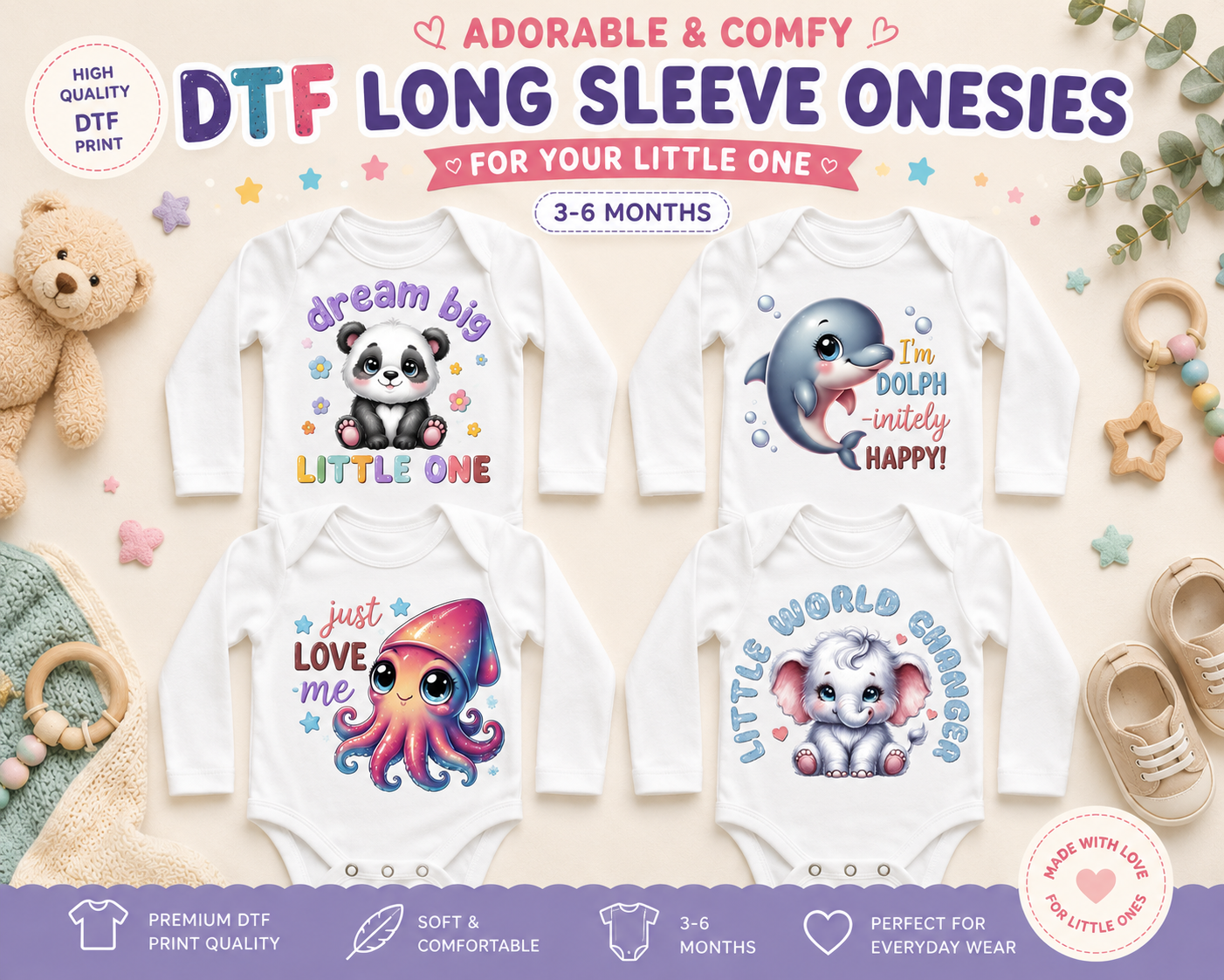 DTF Long Sleeve Baby Onesies – 3–6 Months