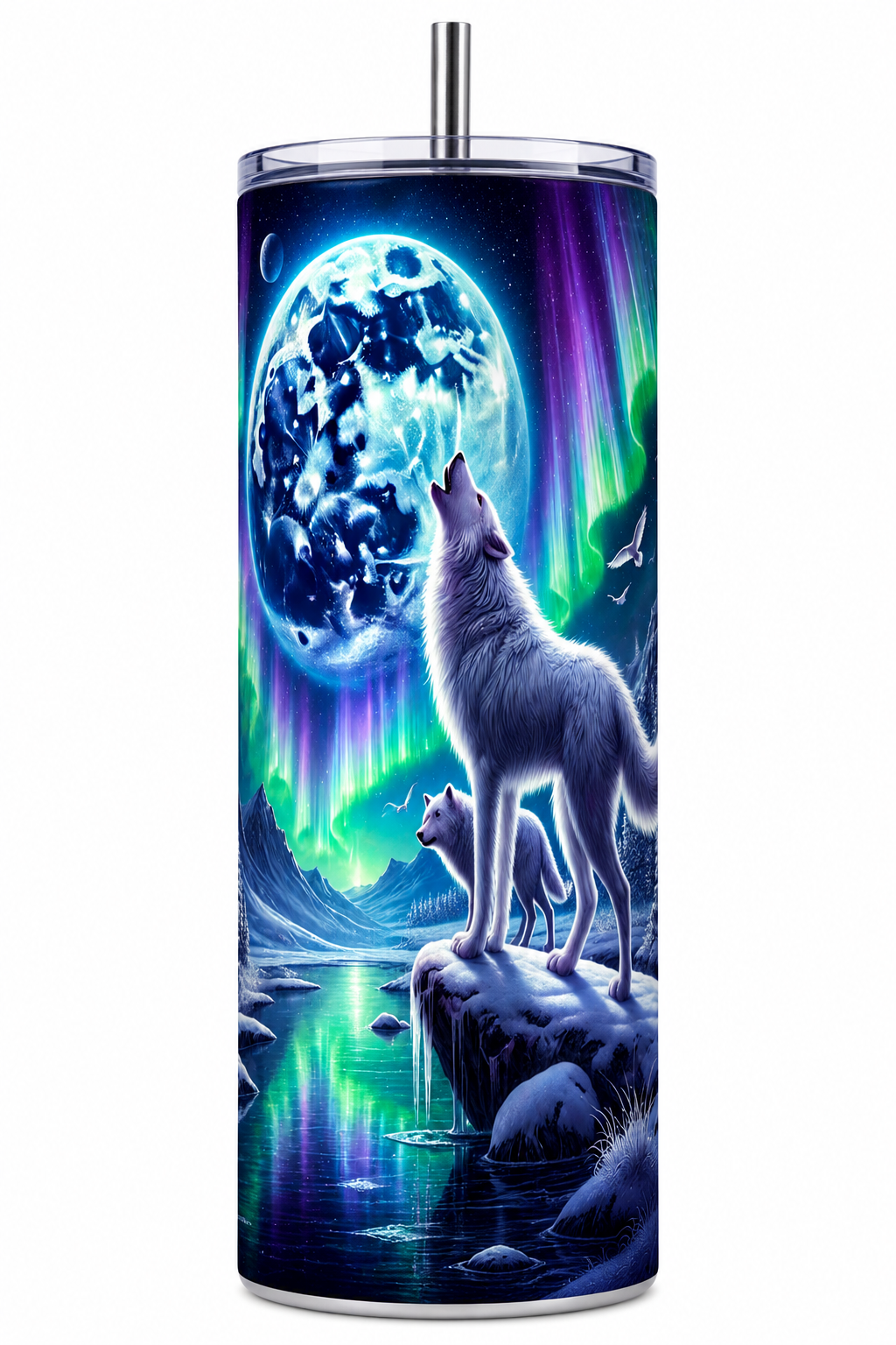🌙 Northern Lights Wolf 20 oz Skinny Tumbler