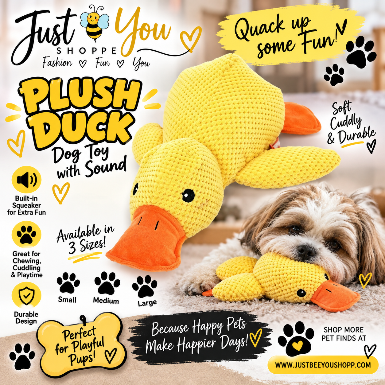 🐥 Plush Duck Dog Toy with Squeaker – Medium