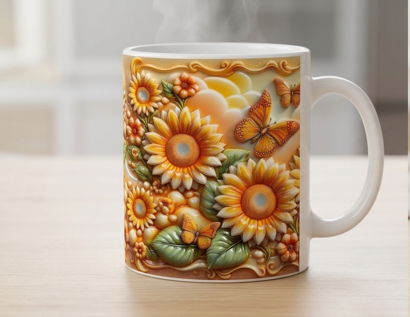 🌻🦋 3D Sunflower & Butterfly Coffee Mug 🦋🌻