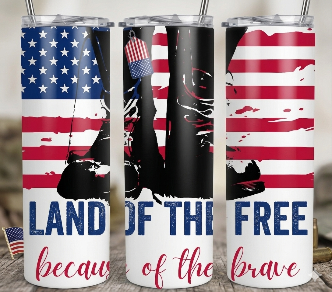 🇺🇸 Land of the Free Because of the Brave – 20 oz Skinny Tumbler 🇺🇸
