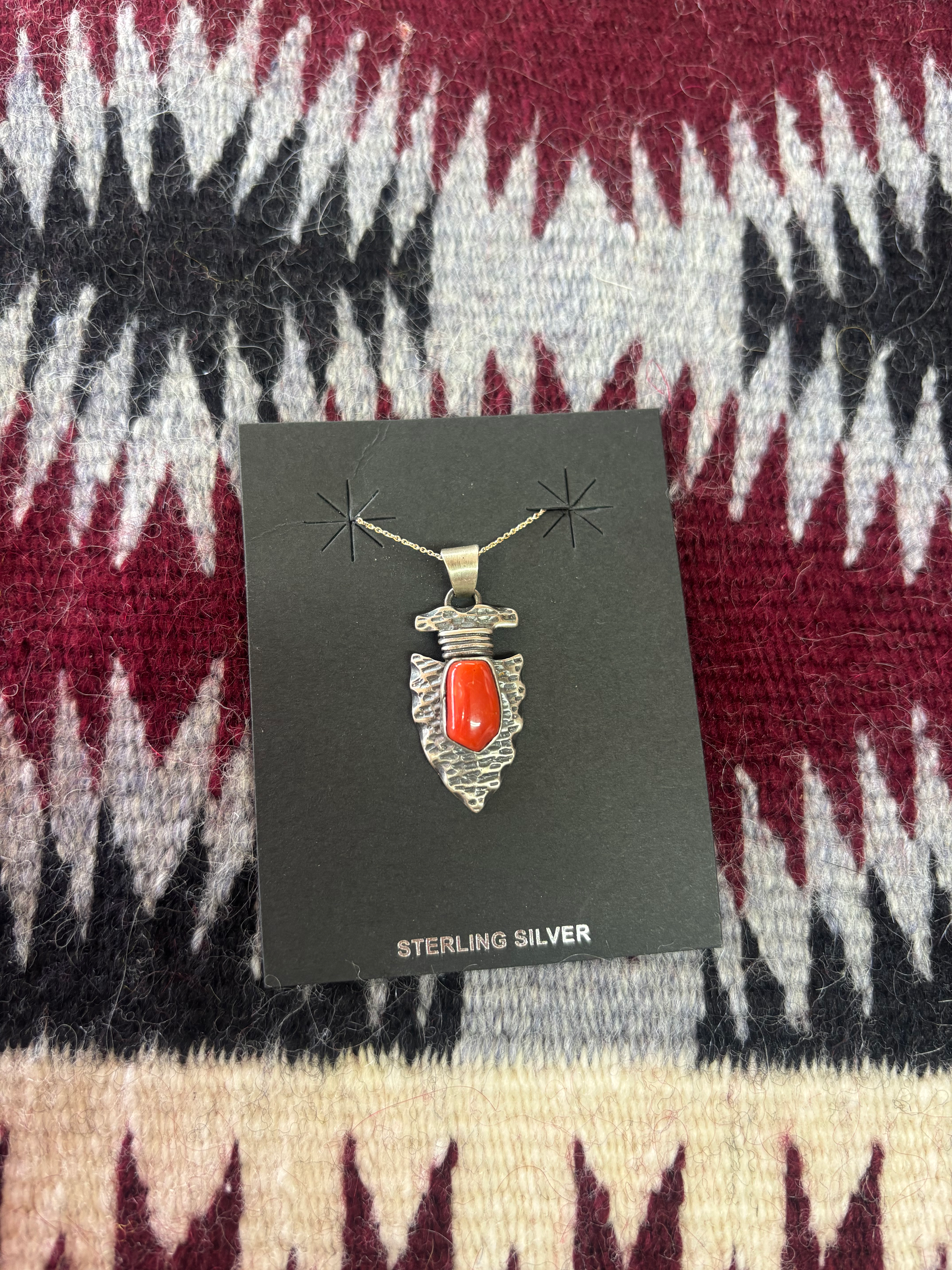 Sterling Silver & Coral Arrowhead Pendant with Chain