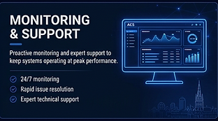 monitoring & support hero card. showing a neon imac screen displaying charts and graphs of security configurations and monitoring charts
