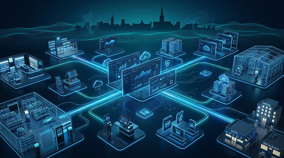 Connected EPOS, payment and business intelligence platform supporting multi-site operations spread out over a city and multi builings.