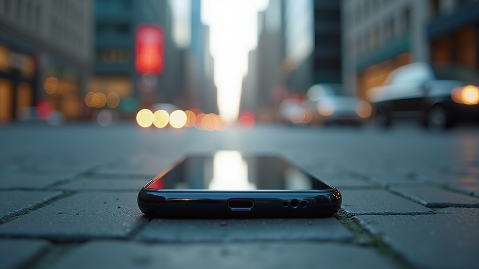 Eye-level view of a sleek smartphone with a blurred cityscape background