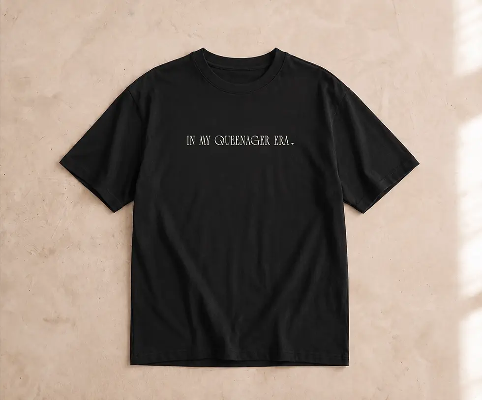 Black women's round neck graphic T-shirt with "In My Queenager Era" typography design