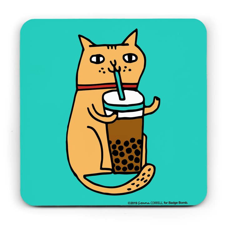 Boba Tea Cat Coaster By Gemma Correll Badge Bomb