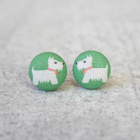 Westie Dog Fabric Button Earrings By Rachel O