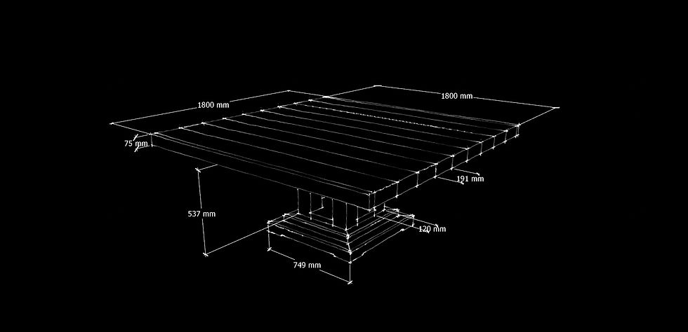 Technical sketch of a custom wooden table with detailed measurements in millimeters