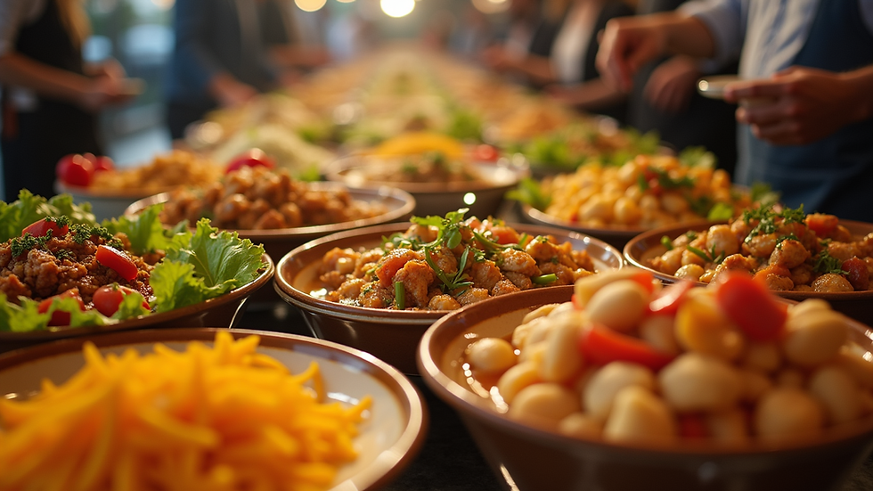 Eye-level view of a colorful halal party buffet with various dishes
