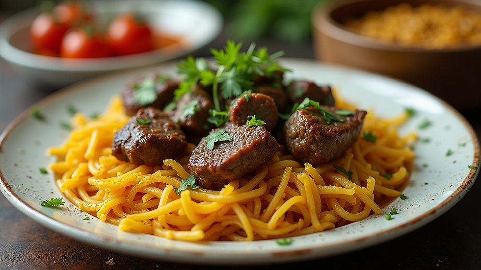 Close-up view of a plate with lamb biryani and fresh herbs