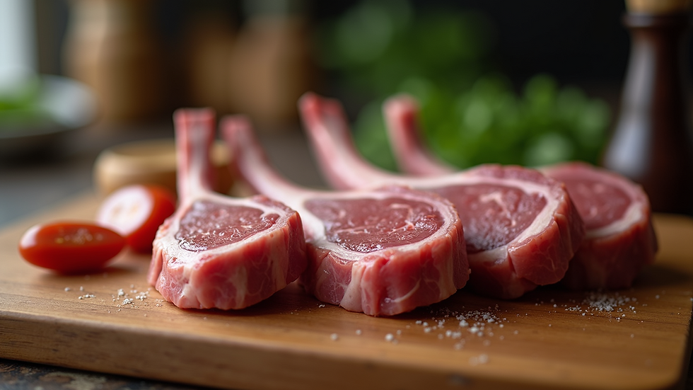 Close-up view of fresh halal lamb chops on a wooden cutting board