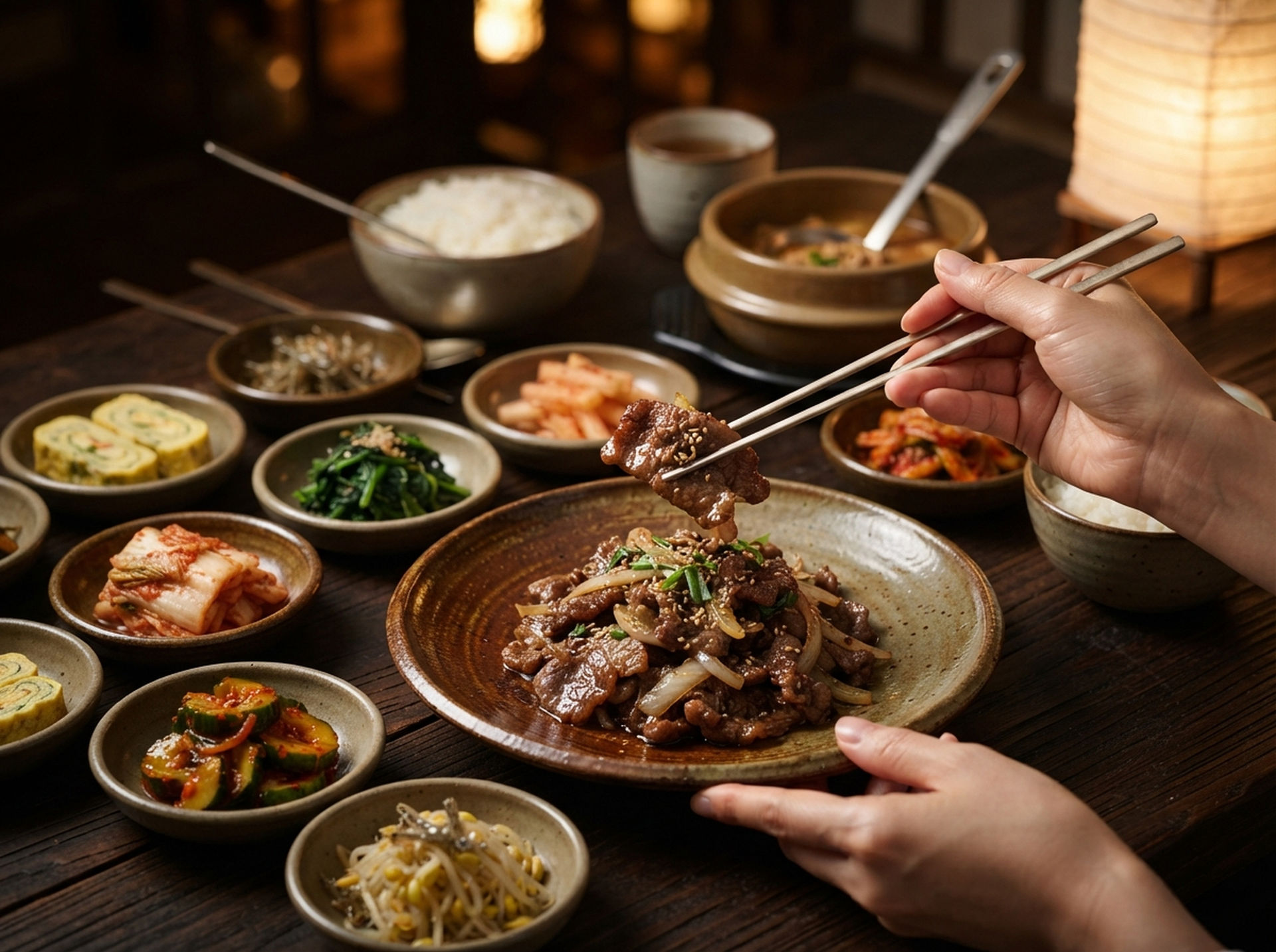 Sharing bulgogi and banchan at a Korean meal