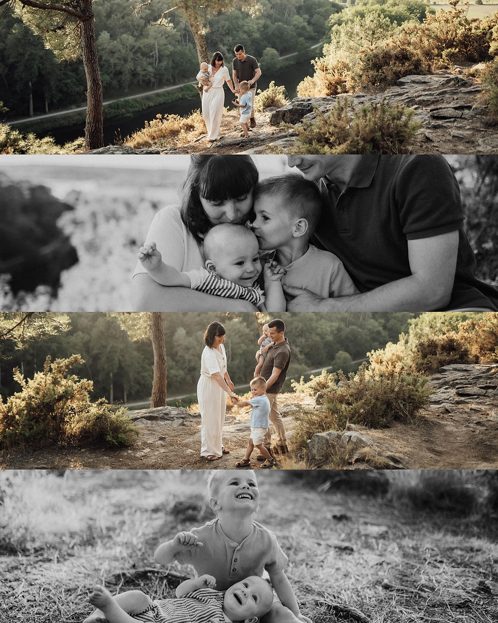 Collage en extérieur d’une famille avec deux enfants et un bébé, jouant et se serrant dans un décor rocheux au bord d’une rivière.