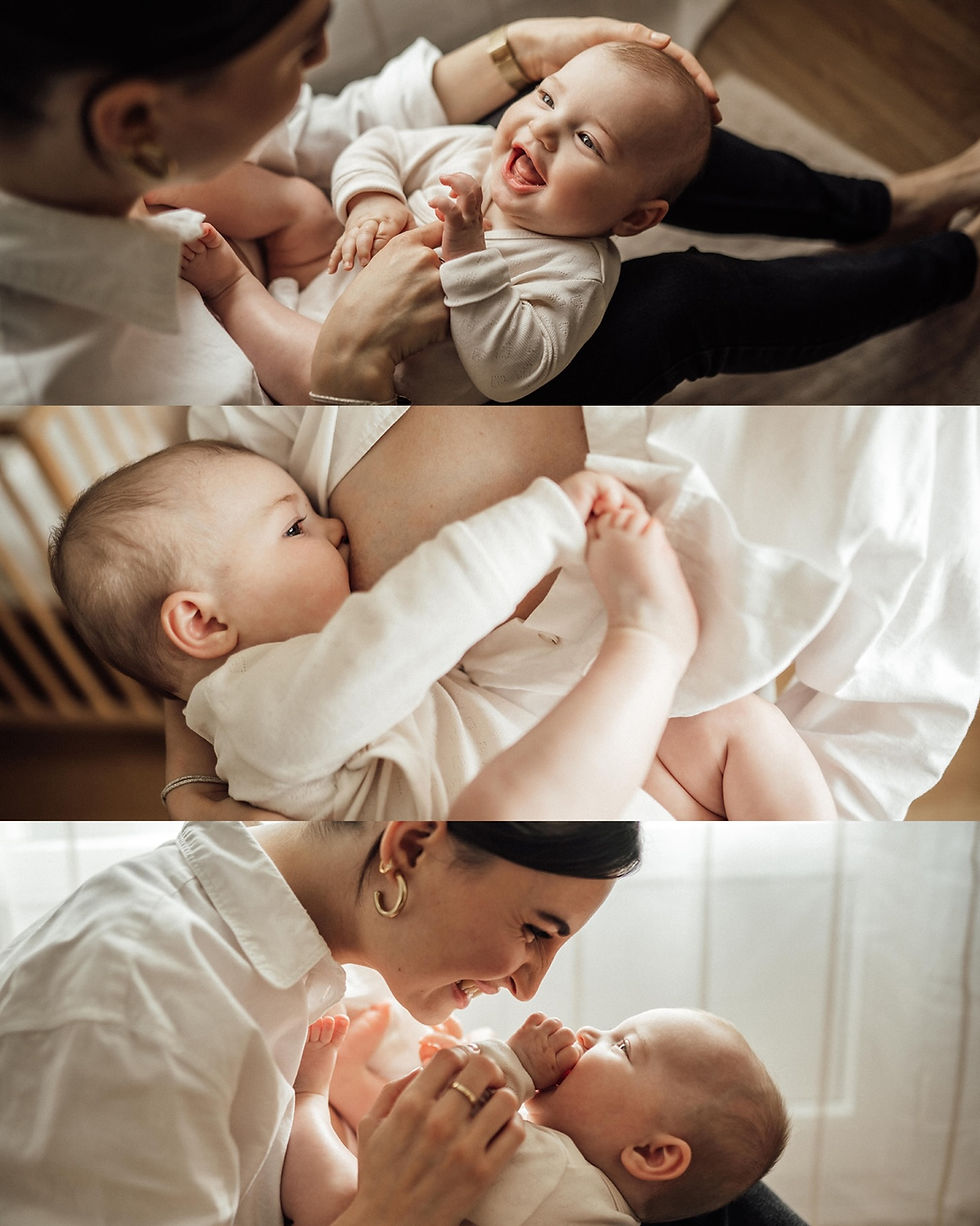 Collage tendre: une mère en chemise blanche joue avec son bébé souriant, le porte et le câline près d’une fenêtre lumineuse.