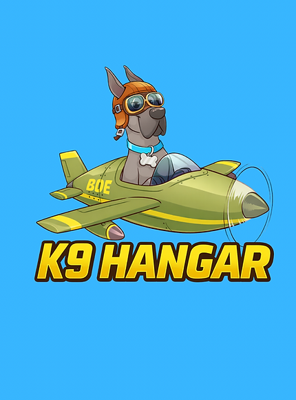 An animated Great Dane wearing old style bomber goggles and helmet, sitting in a green old style jet with yellow striping and accents. "K9 Hangar" is displayed below the graphic. 