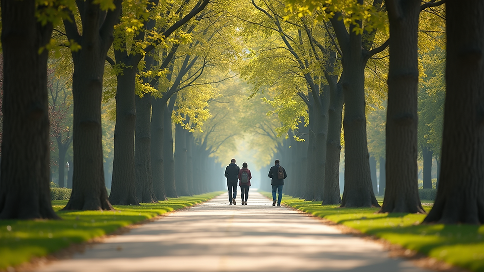 Eye-level view of a serene morning walk path surrounded by trees