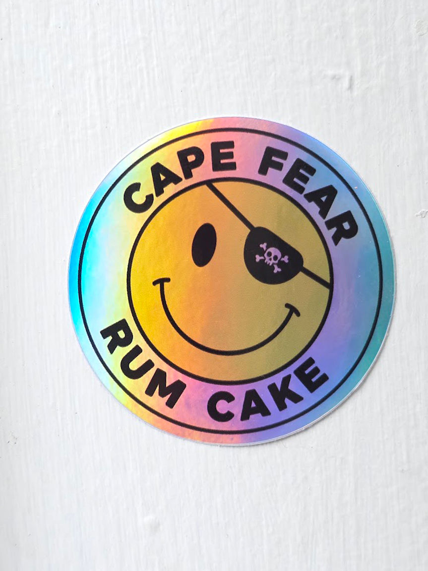 holographic smiley face pirate sticker side view