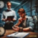 Man with a clipboard stands by a worried guy seated at a table with a report form. Clocks and factory background. Text: SAFETY.INC.