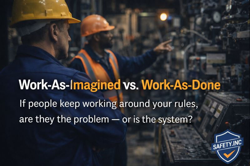Two workers in hard hats and safety vests in a factory. Text reads: "Work-As-Imagined vs. Work-As-Done. If people keep working around your rules, are they the problem—or is the system?"