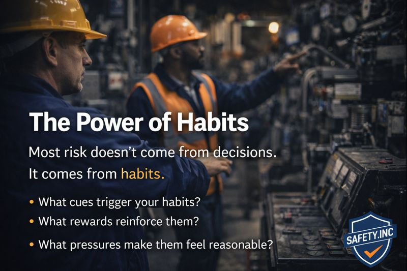 Workers in hard hats operate machinery in a dim setting. Text: "The Power of Habits." Emphasizes habits over decisions. Logo: Safety Inc.