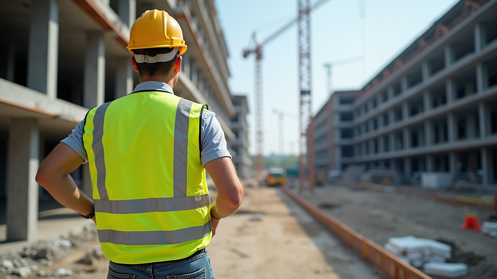 Wide angle view of a construction site showcasing advanced safety precautions