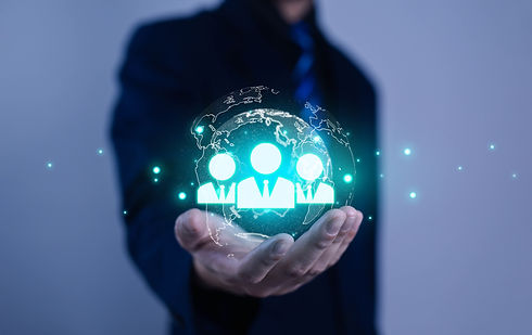 Business professional holding a digital globe with human icons symbolizes global teamwork,