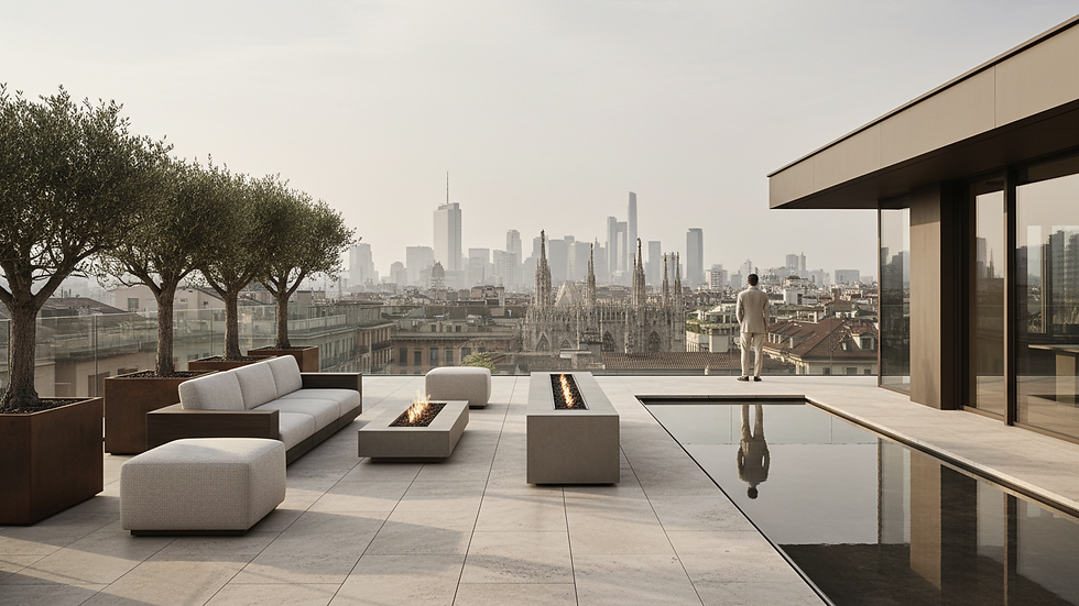 Eye-level view of luxury penthouse terrace overlooking Milan skyline