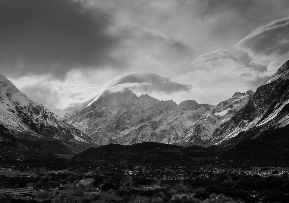 mountain landscape in black and white