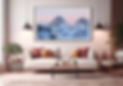 A fine art photo framed on a lounge wall shoing mountains at sunset