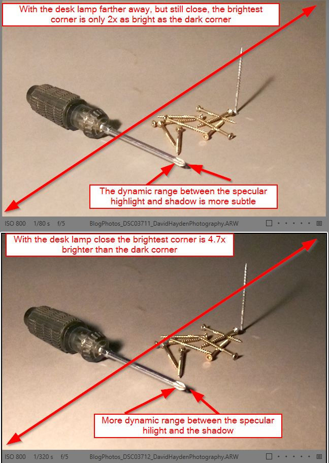 Visual Proof of the Inverse Square Law in Action: The top image, with the desk lamp slightly farther away, creates a subtle 1-stop difference (2x brighter highlight). The bottom image, with the desk lamp moved closer, creates a massive 2.23-stop difference—making the highlight 4.7 times brighter than the shadow—proving how light placement manufactures drama.
