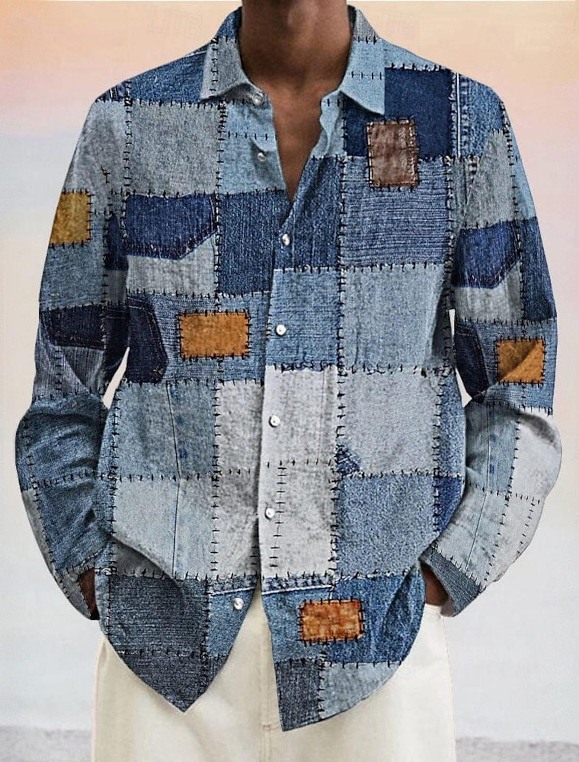 Men’s Geometric Color Block Shirt, Long Sleeve Casual 3D Print