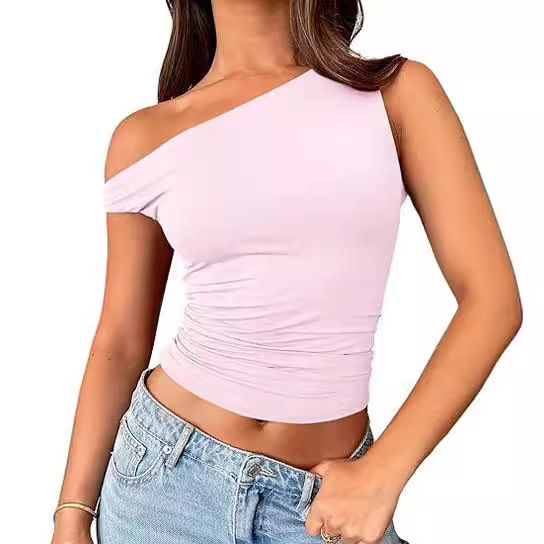 Thumbnail: Women’s Summer One Shoulder Ruched Crop Tank Top, Slim Casual Basic Vest