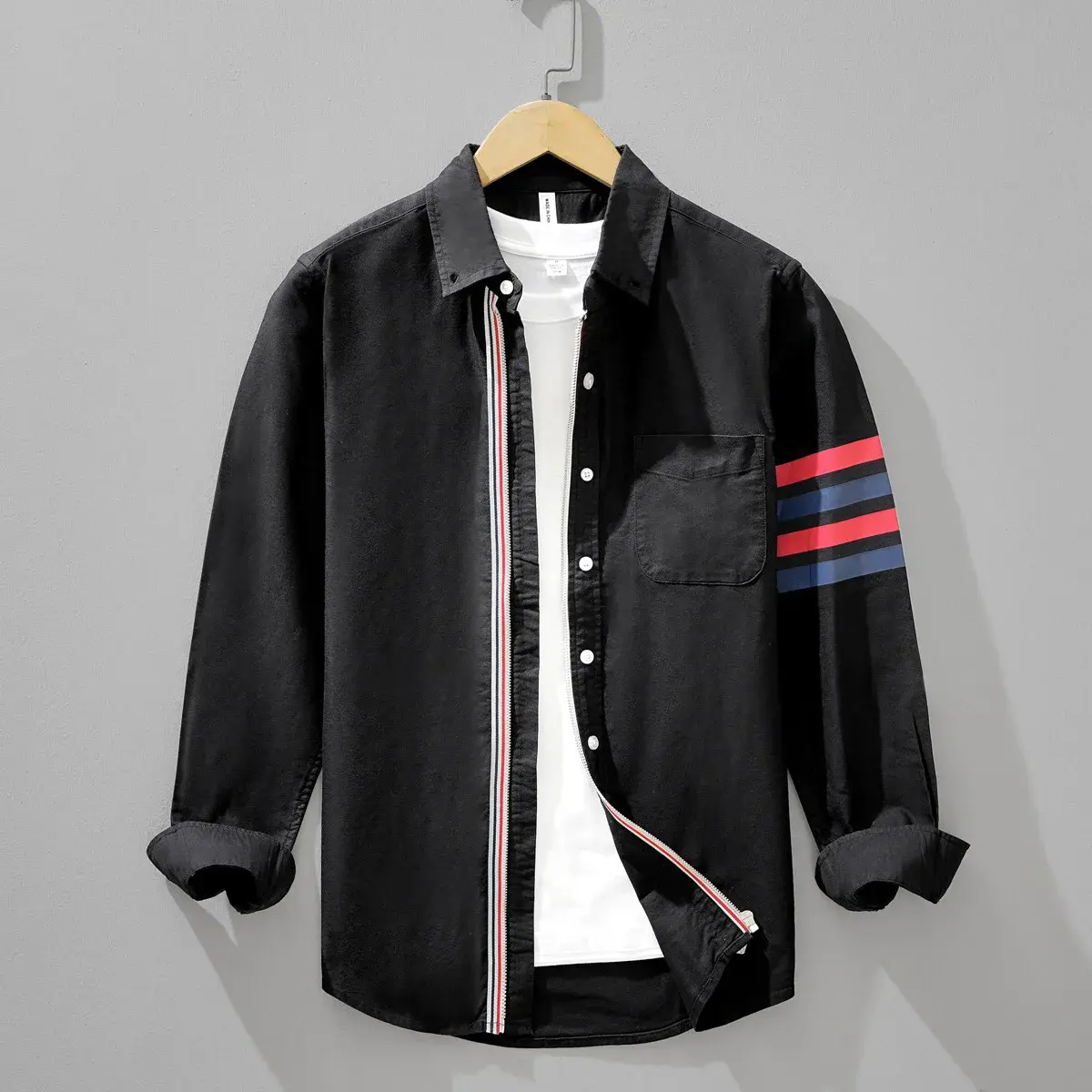 Men’s Retro Striped Long Sleeve Shirt, Casual Korean Style Spring Autumn
