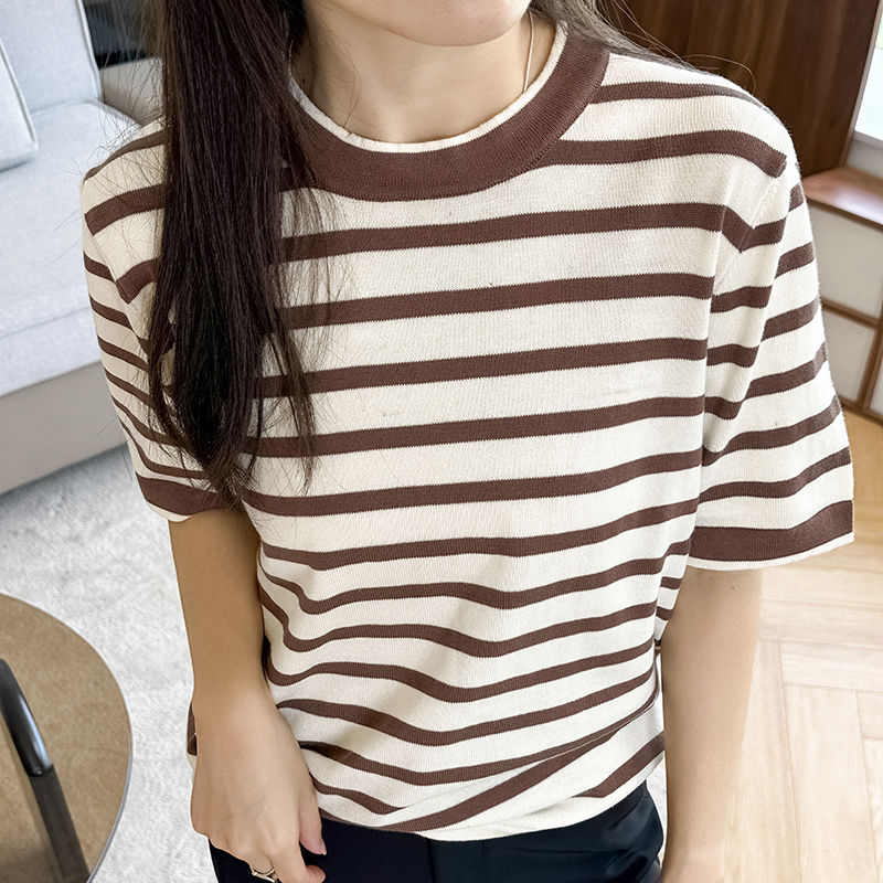 Thumbnail: Women’s Summer Cotton Knit Striped T-Shirt, Short Sleeve, Loose Casual Top