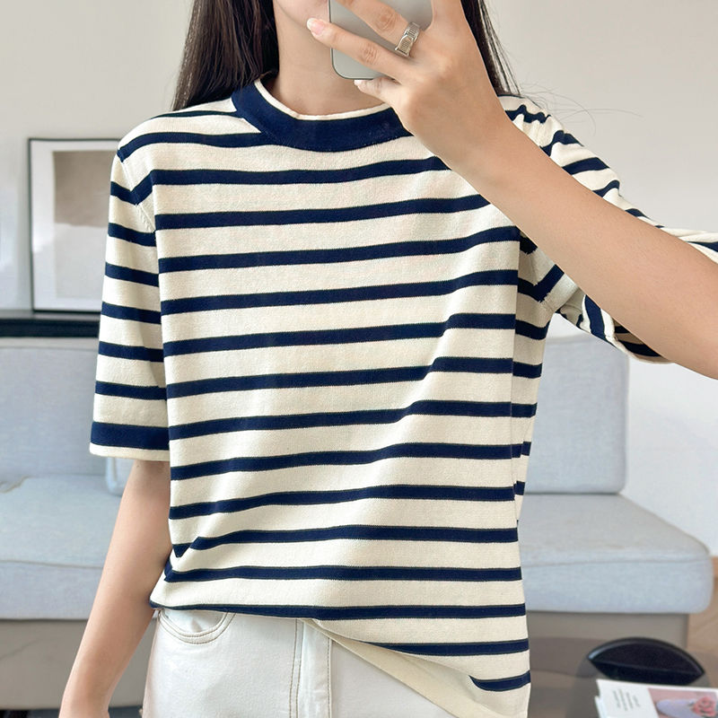 Thumbnail: Women’s Summer Cotton Knit Striped T-Shirt, Short Sleeve, Loose Casual Top