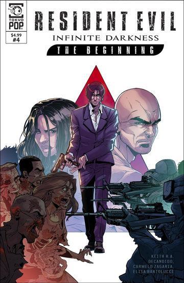 A comic book cover for TOKYOPOP's Resident Evil: Infinite Darkness: The Beginning issue #4, priced at $4.99, features a central full-body illustration of Leon S. Kennedy standing within a large, upright red triangle. Leon is depicted in a sharp purple suit and white collared shirt, holding a handgun and looking directly forward with a serious expression. Flanking him in the background are large, faded close-up portraits of a dark-haired woman on the left and a bald, grim-faced man on the right. The foreground is split diagonally: the bottom-left shows a chaotic horde of snarling, blood-soaked zombies with exposed skin and ribs, while the bottom-right features tactical soldiers in dark gear aiming assault rifles directly at the undead. The text "RESIDENT EVIL" is boldly printed across the top in a distressed, textured font, followed by the subtitle "INFINITE DARKNESS" and "THE BEGINNING" in a black banner, with the creators Keith R.A. DeCandido, Carmelo Zagaria, and Elisa Bartolucci credited in the bottom-right corner.