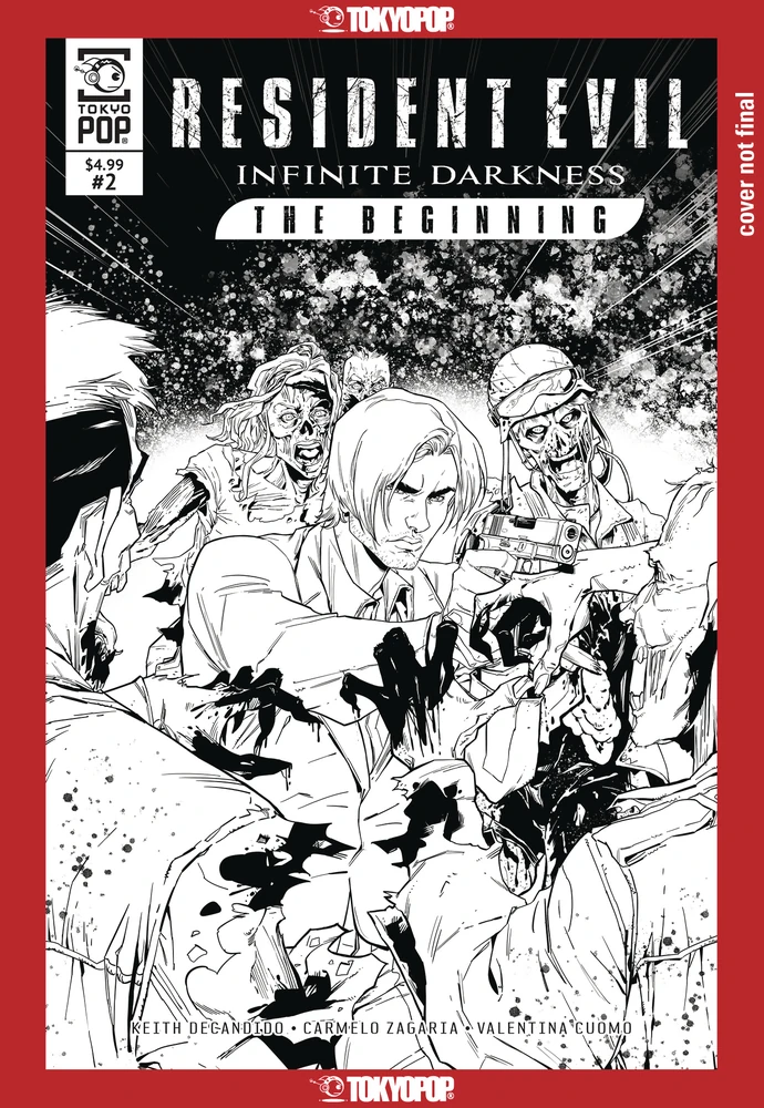 This striking black-and-white incentive variant cover for Tokyopop’s Resident Evil: Infinite Darkness - The Beginning Issue #2 highlights the raw line art of Carmelo Zagaria and Valentina Cuomo. Framed by a bold red border, the stark ink-and-toner artwork showcases a focused Leon S. Kennedy completely surrounded by an aggressive horde of decaying zombies. As ghoulish figures loom behind him and blood-stained hands reach out from the foreground, Leon holds his ground, aiming his handgun into the chaos against a splattered, textured dark background. The top of the cover features the iconic distressed Resident Evil logo banner, while a vertical note on the right side reads "cover not final," giving fans an exclusive, stylized preview of the upcoming release.
